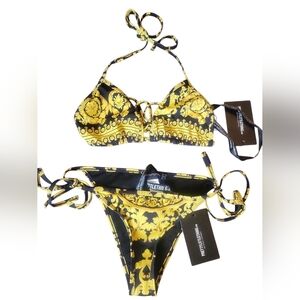 PrettyLittleThing Black & Gold Baroque Print Bikini Set